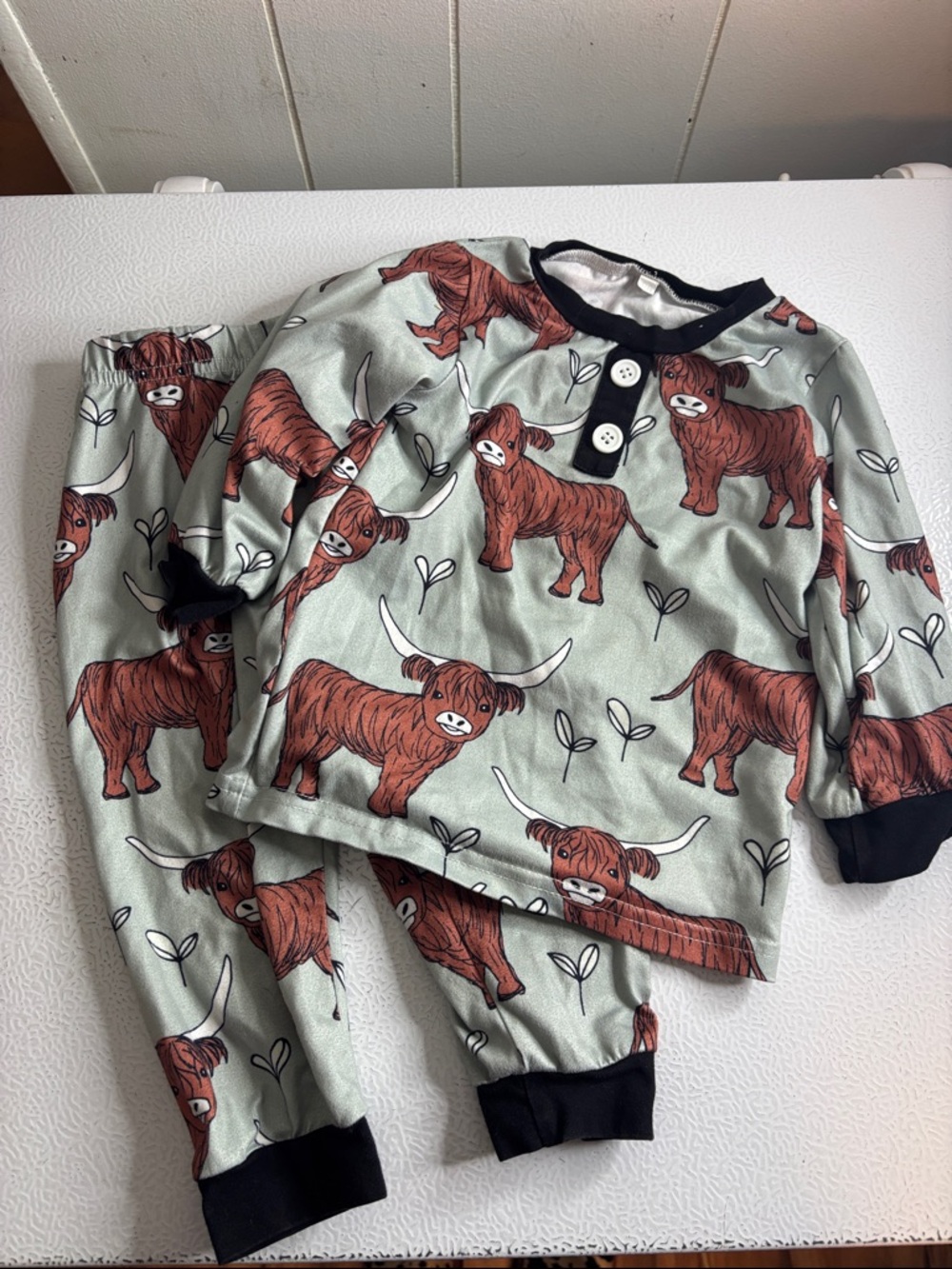 316 - Kids Two-Piece Green Highland Cow Pajama Set